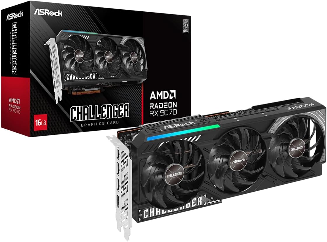 ASRock Radeon RX 9070 Challenger 16GB OC Graphics Card, RDNA 4, 2520MHz Boost, 16GB GDDR6 256-bit, PCIe 5.0, T