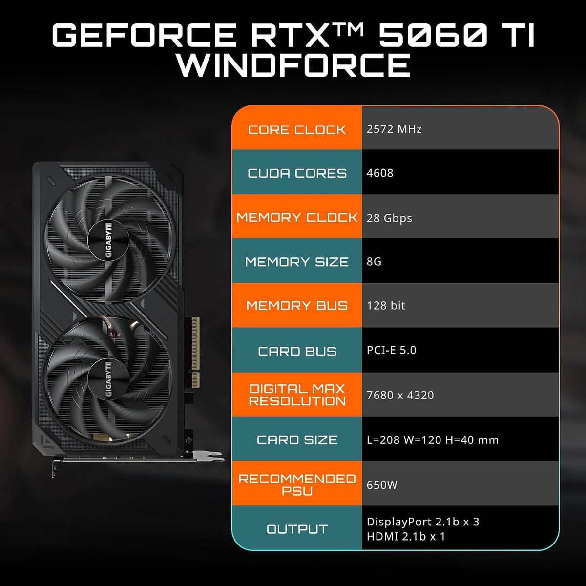 GIGABYTE GeForce RTX 5060 Ti WINDFORCE 8G Graphics Card, 8GB 128-bit GDDR7, PCIe 5.0, WINDFORCE Cooling System, GV-N506TWF2-8GD Video Card