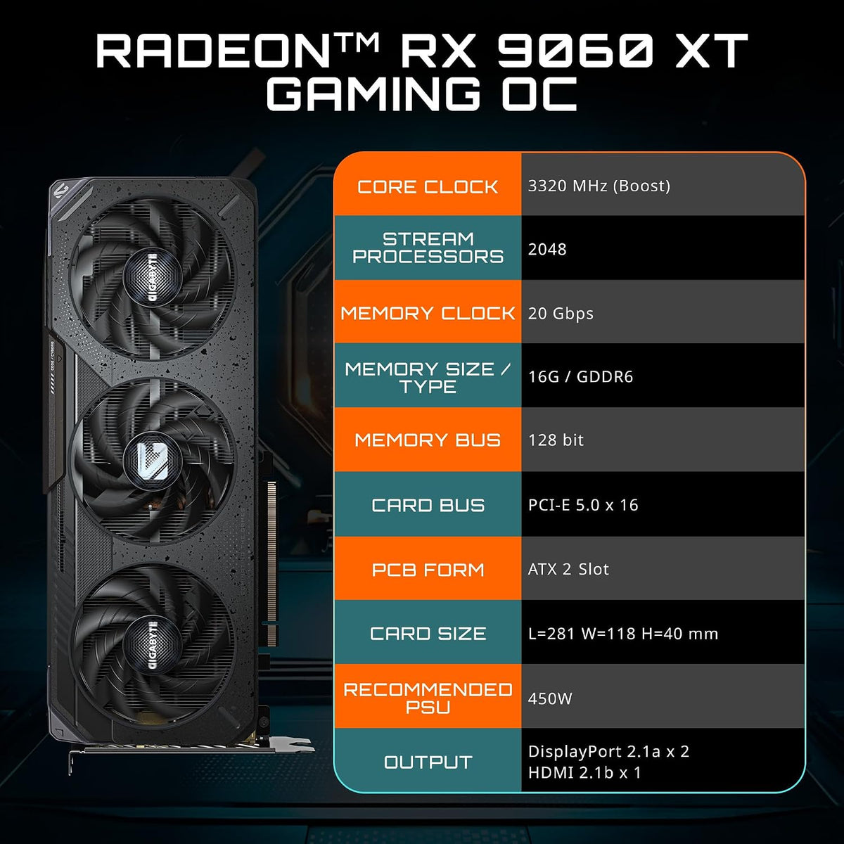 GIGABYTE Radeon RX 9060 XT Gaming OC 16G Graphics Card, PCIe 5.0, 16GB GDDR6, GV-R9060XTGAMING OC-16GD Video C