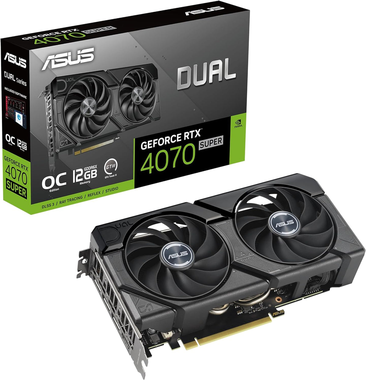 ASUS Dual GeForce RTX 4070 Super EVO OC Edition 12GB GDDR6X (PCIe 4.0, 12GB GDDR6X, DLSS 3, HDMI 2.1a, DisplayPort 1.4a, 2.5-Slot Design, Axial-tech Fan Design, 0dB Technology), 3 Year Warranty
